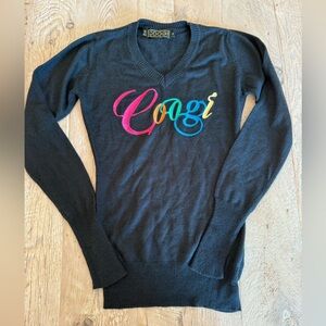 COOGI Black V-Neck Sweater with Multicolor Script Logo S